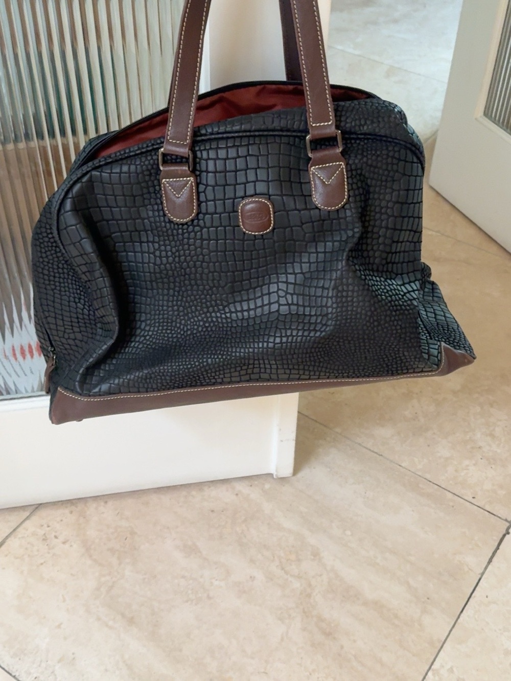 BRIC’S Italy Croc Embossed Weekender Duffle Travel Bag Leather Trim Black Brown